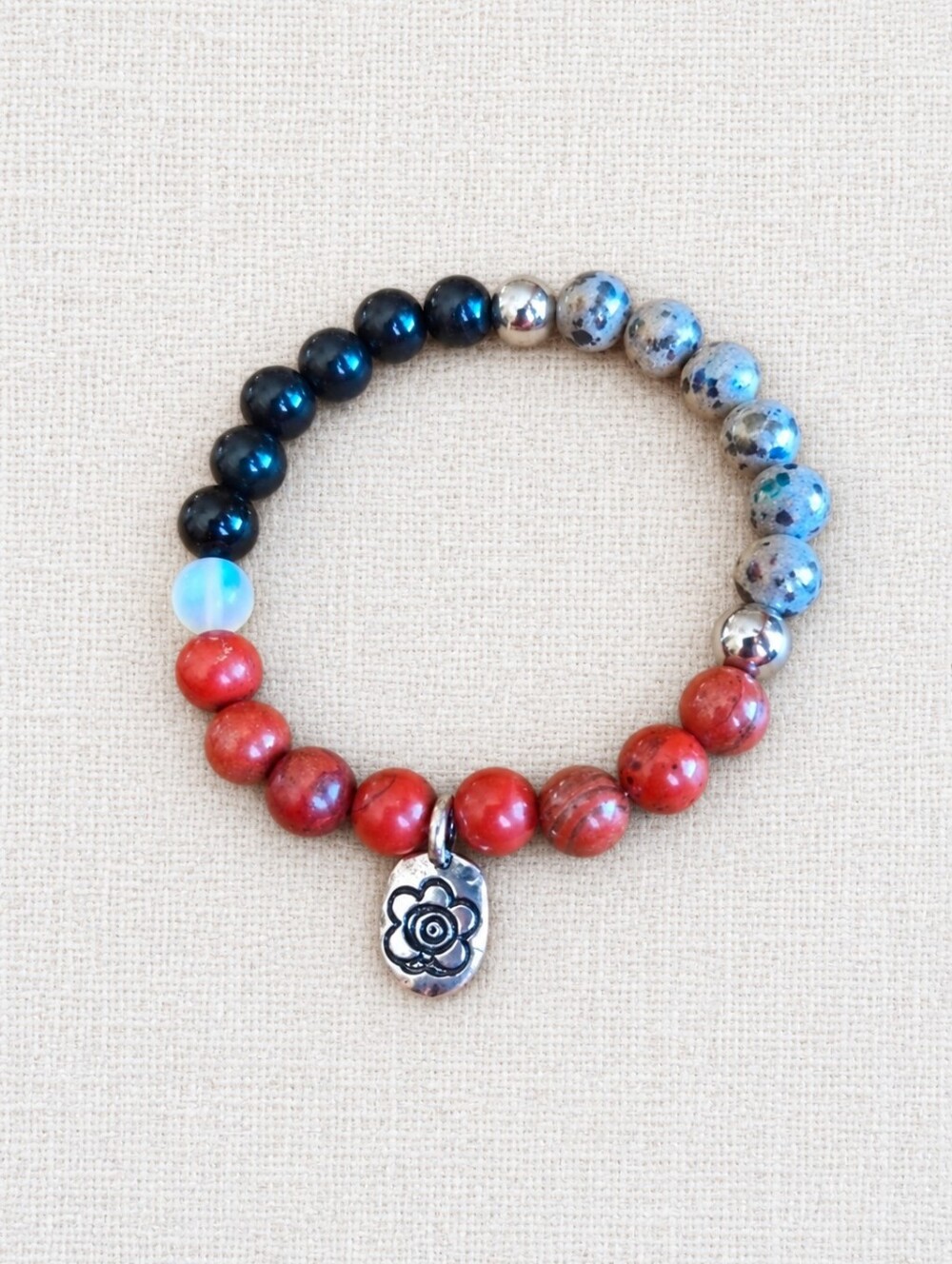 Red Jasper, Black Onyx & Dalmatian Jasper Beads Stretch Bracelet | Handmade